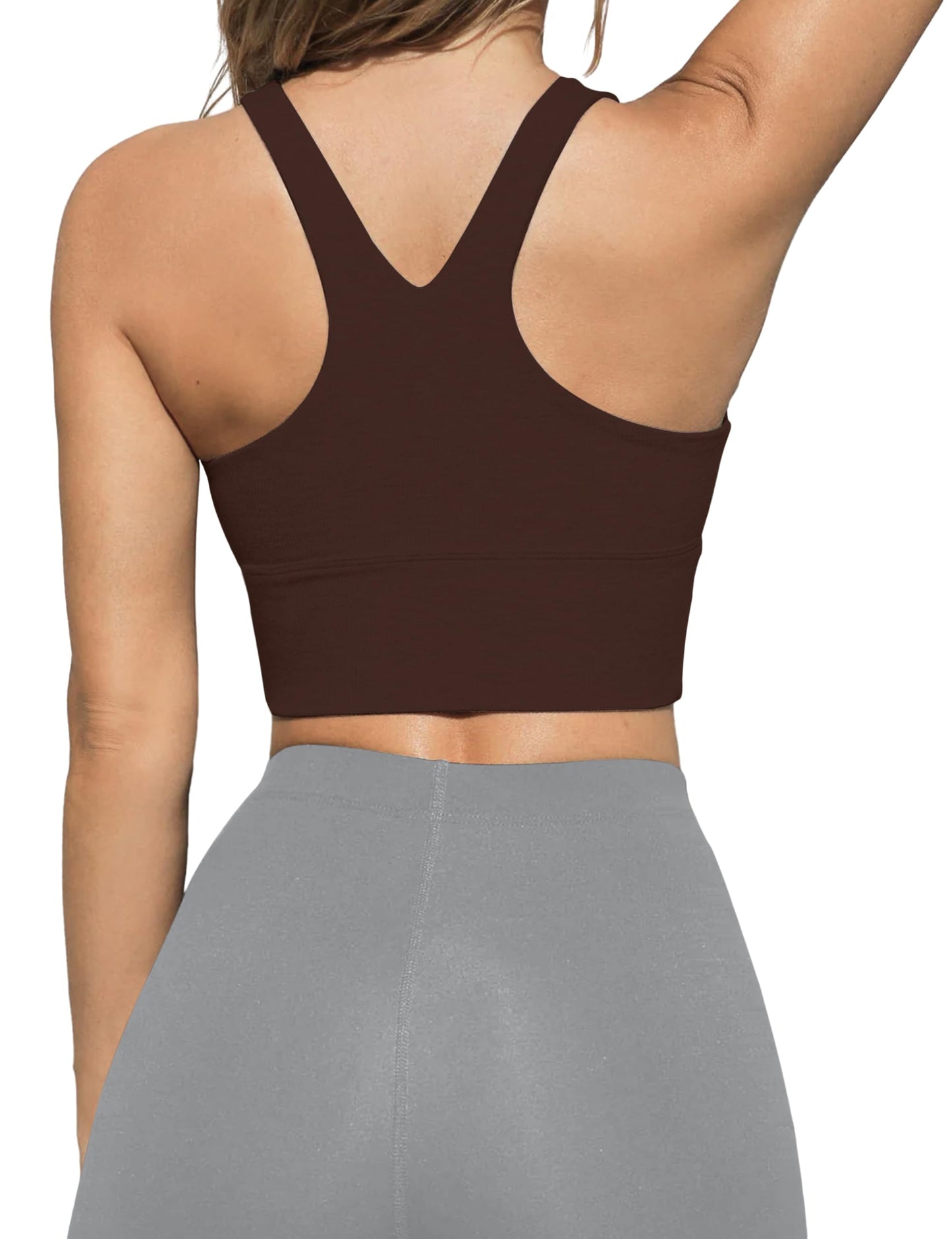 Ymejia Women's Longline Sports Bra Padded Scoop Neck Racerback Athletic Gym Yoga Workout Fitness Crop Tank Dark Brown