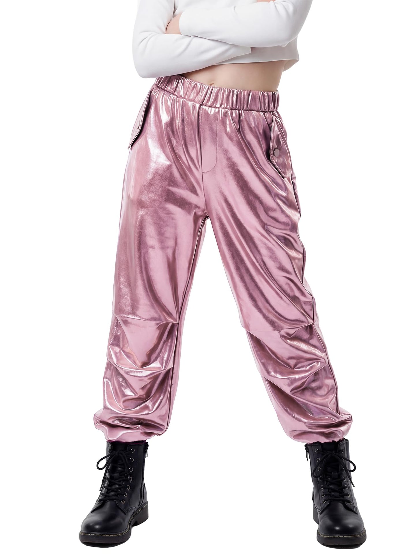 Stelle Girls Metallic Hip Hop Pants Shiny Cargo Joggers Pant