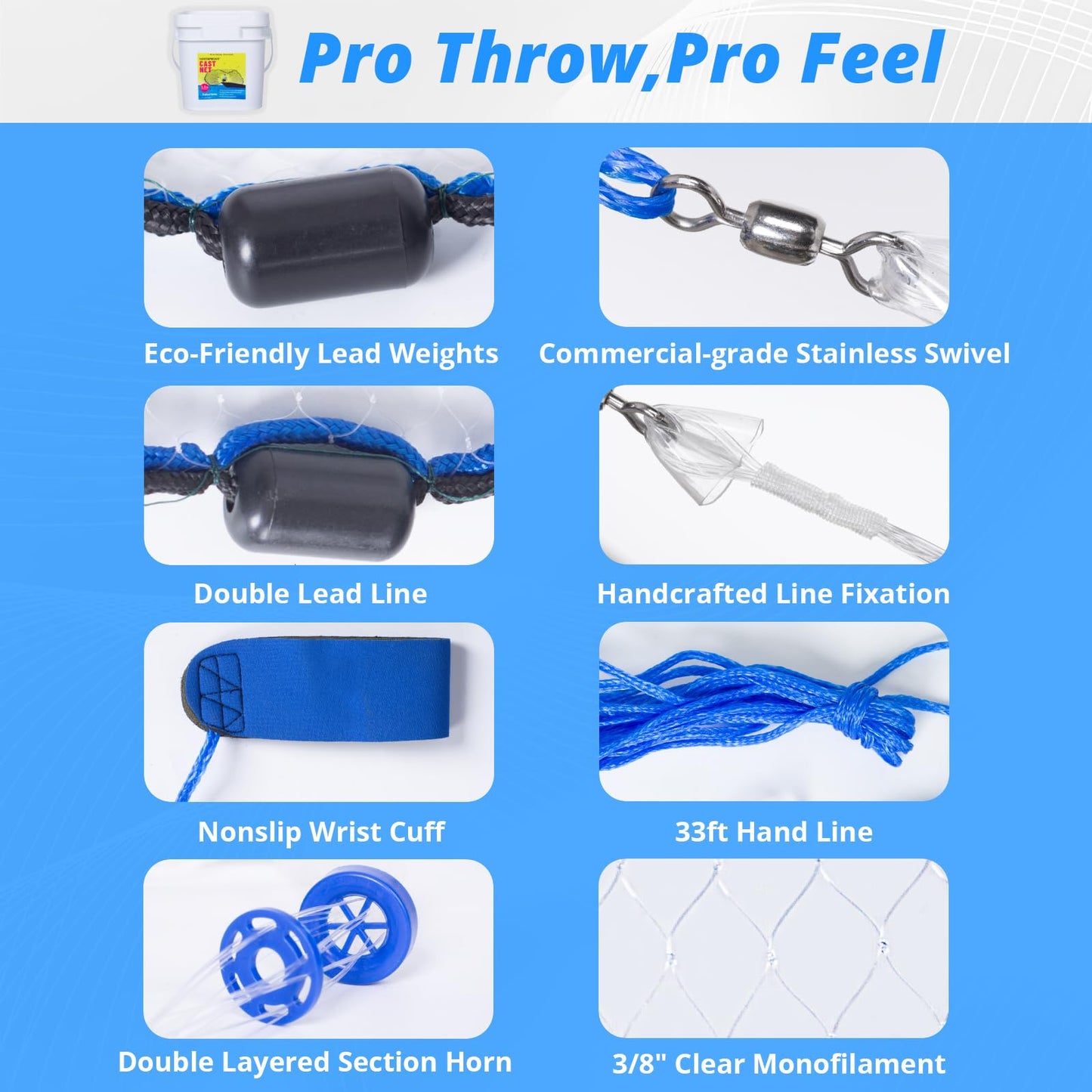 1.3 lbs/ft Fishing Cast Net with Eco-Friendly Lead Weights, 3/8inch Mesh Size, Throw Nets for Freshwater & Saltwater, 4/6/8/10/12 Ft Radius Casting Net (10 ft Radius)