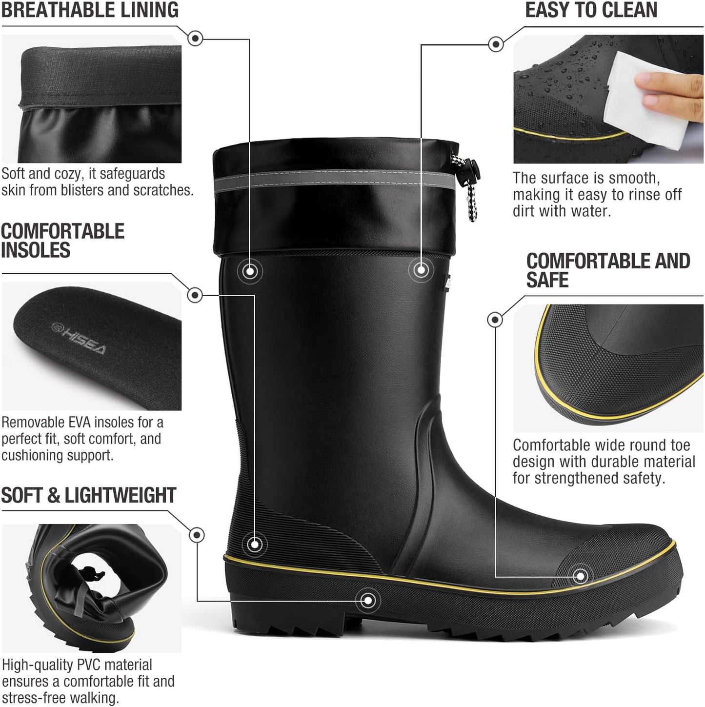 HISEA Men's Waterproof Rain Boots - Lightweight PVC Rubber Mid-Calf Work Shoes for Fishing & Gardening