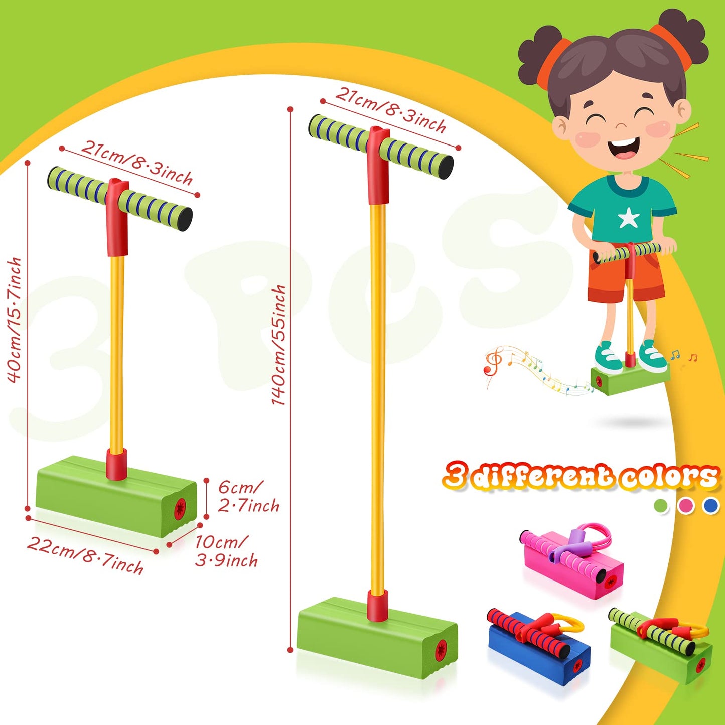 Jerify 3 Pcs Pogo Stick Foam Jumper Toy Foam Pogo Fun and Safe Jumping Stick for Kids Ages 3 and up Outdoor Indoor Toys Gift for Christmas, Makes Squeaky Sounds with Each Hop, Supports up to 250lbs
