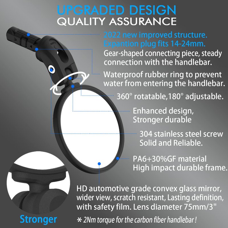 BriskMore Black Convex Rearview Mirrors, 2PCS Adjustable Handlebar Bicycle Mirrors for Road, Mountain, Scooter Bikes