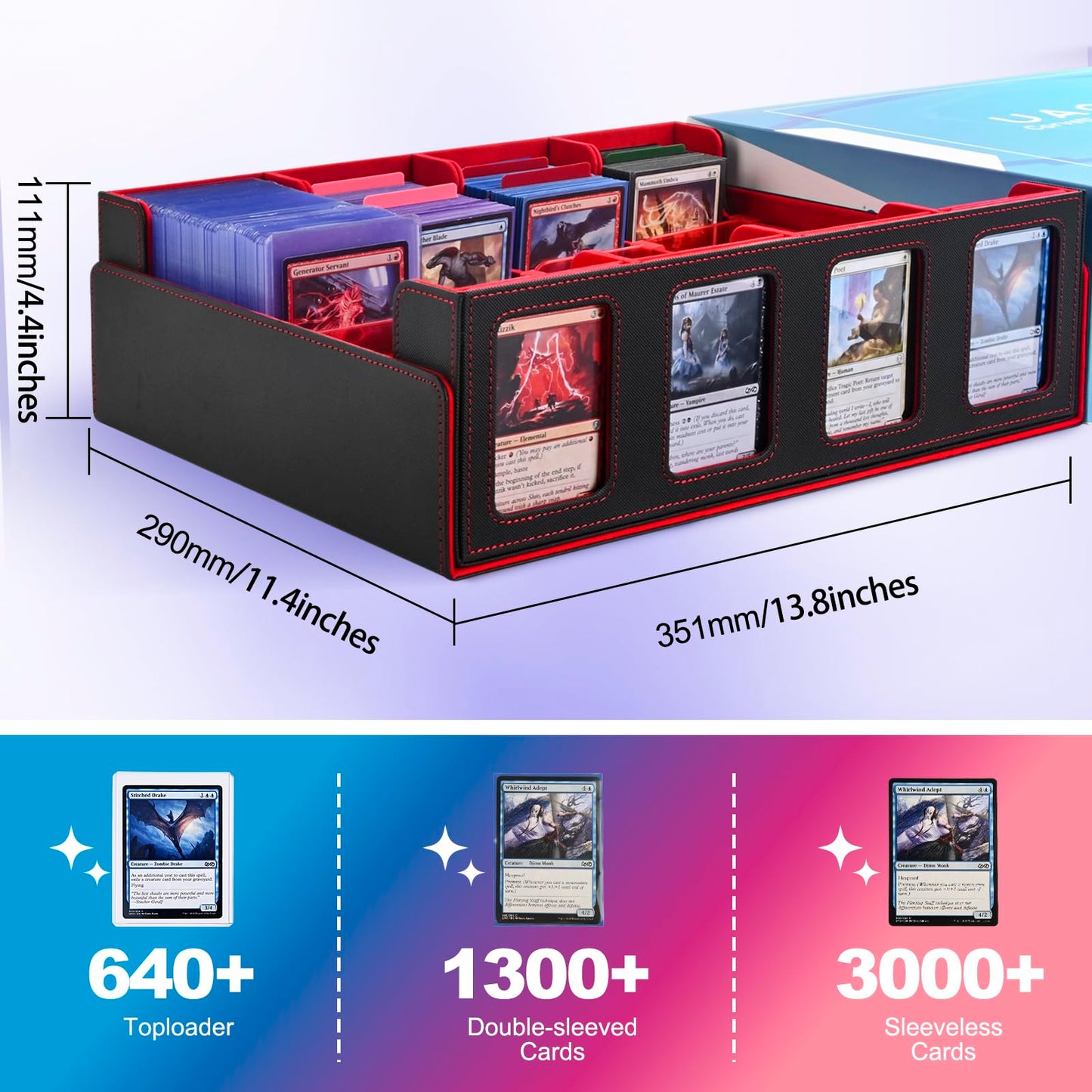 UAONO Trading Card Storage Box with Commander Display; 2400+ Deck Box for MTG with Removable Cover; Top Loaders Card Case fits Magic TCG PTCG Sports Cards; 24 Dividers, 4 Stoppers (Black, Red)