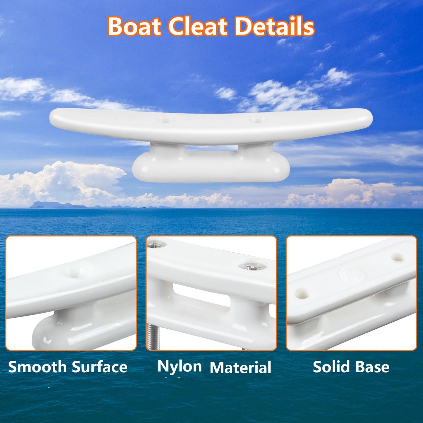 ORLANG White Nylon Boat Cleat 6 Inch, 4 Pack Dock Cleat with Hardware, Boat Dock Cleats Rope Cleat for Marine, Boats,Kayak,Canoe,Deck,Nautical Décor,Home Decor