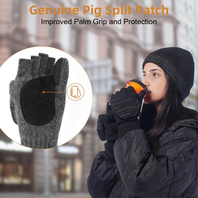 BERGWEISER Flip Winter Gloves, Wool Fingerless Gloves for Women Men Cold Weather, Mittens with Reflective & Magnetic Button Closure for Christmas Gifts