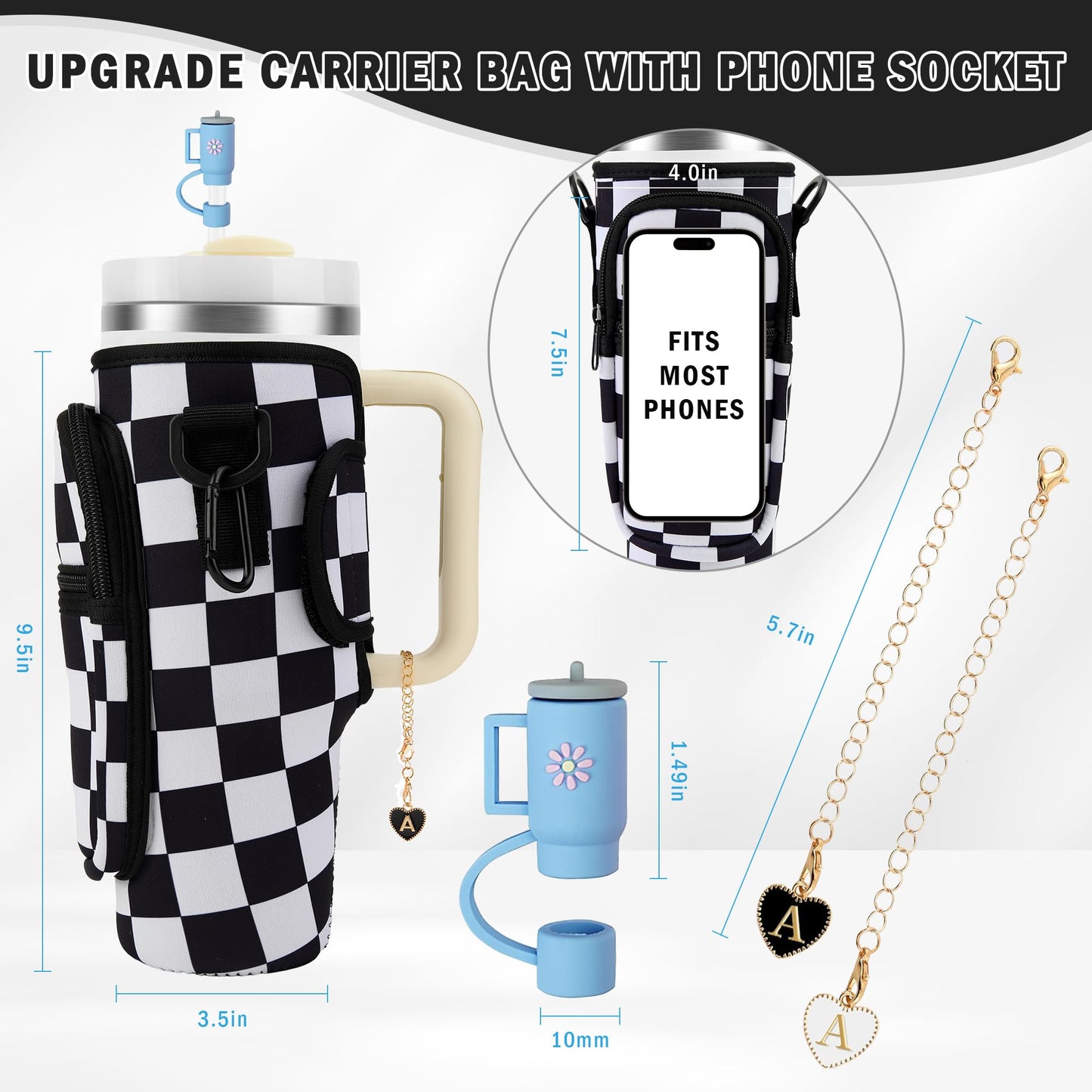 Water Bottle Carrier Bag with Strap for Stanley Cup 40oz Tumbler with Phone Pocket, Keychain Accessories for Stanley Cup Handle, Women Personalized Accessories for Stanley Cup