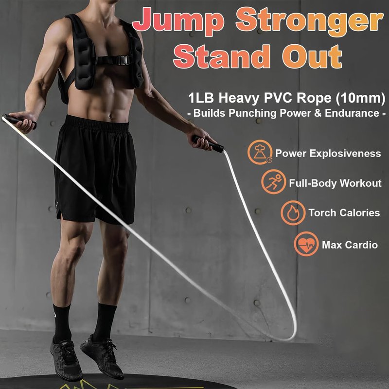 Weighted Jump Rope for Men & Women - 1LB Heavy Adjustable Skipping Rope, 10mm PVC with Ball-bearing for Speed, Cardio, Boxing, CrossFit - Tangle Free, Home & Gym Workout Fitness, White