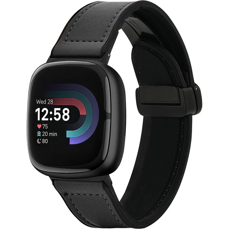 Magnetic Leather Bands Compatible with Fitbit Versa 4/Fitbit Versa 3/Sense 2/Sense 1,Genuine Leather Band Replacement Accessories Strap for Women Men (Black)