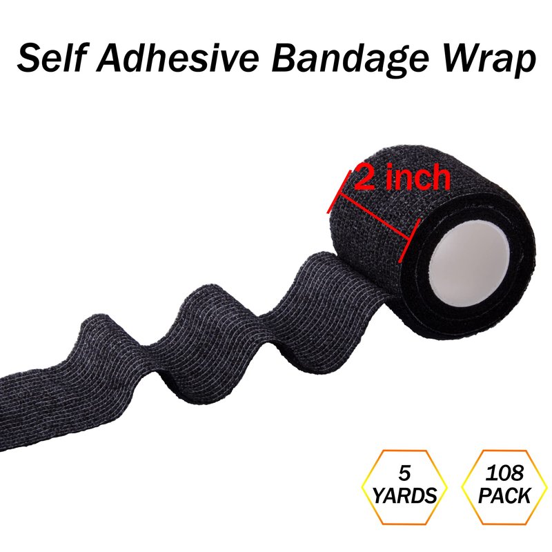 BQTQ 108 Rolls Self Adhesive Bandage - 2 Inch Black Self Stick Bandage Tape - Athletic Wraps for Wrist & Ankle - Swelling & Sprains (Black)
