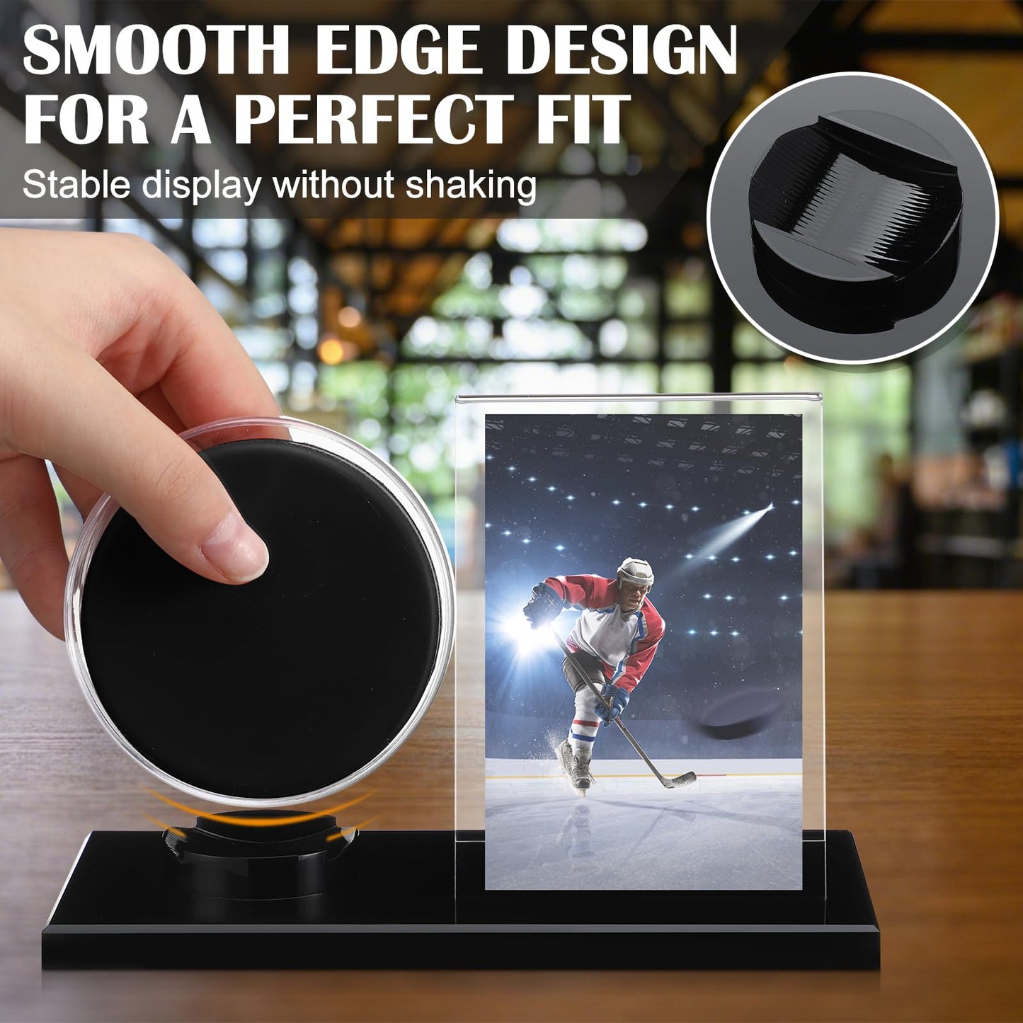 Yuntau 2 Sets Hockey Puck Display Case Acrylic Clear Hockey Puck and Card Display Holder with Black Base Showcase for Your Collection Souvenir Memorabilia Holder Stand