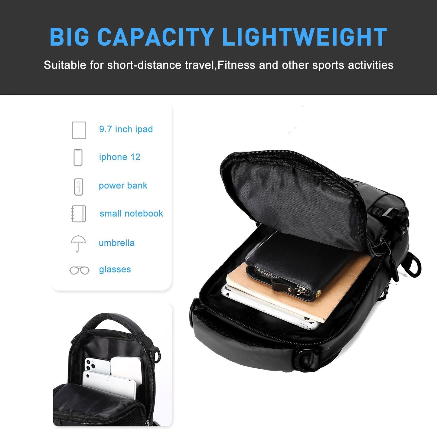 SEAFEW Anti Theft Sling Crossbody Backpack Shoulder Bag for Men, Lightweight One Strap Motorcycle Back Pack Sling Bag Backpack for Hiking Walking Biking Travel Cycling with USB Charger Port