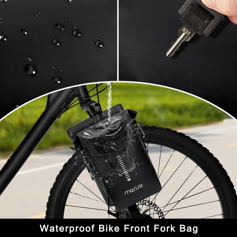 MOSISO Bike Front Fork Bag Waterproof 6L Bike Pannier Saddle Bicycle Fork Rack Bag, Bicycle Shoulder Pouch Cycling Accessories Pouch with Reflective Strips for Road Mountain Cycling, Black
