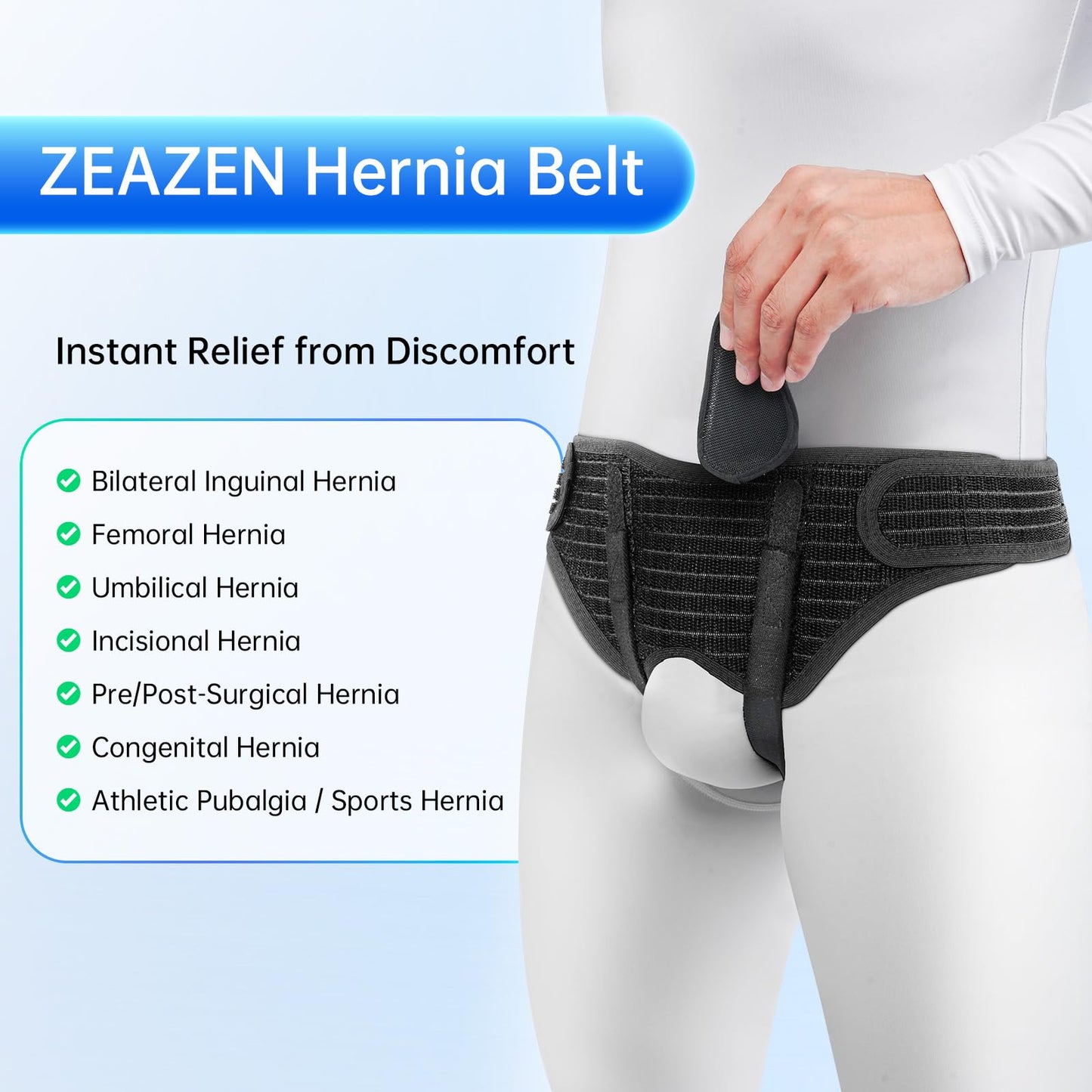 ZEAZEN Hernia Belt for Men - Adjustable Support Brace, Comfortable & Breathable Design, Ideal for Single/Double Inguinal Hernia Pain Relief, Discreet Wear for Everyday Use (Black, Medium)