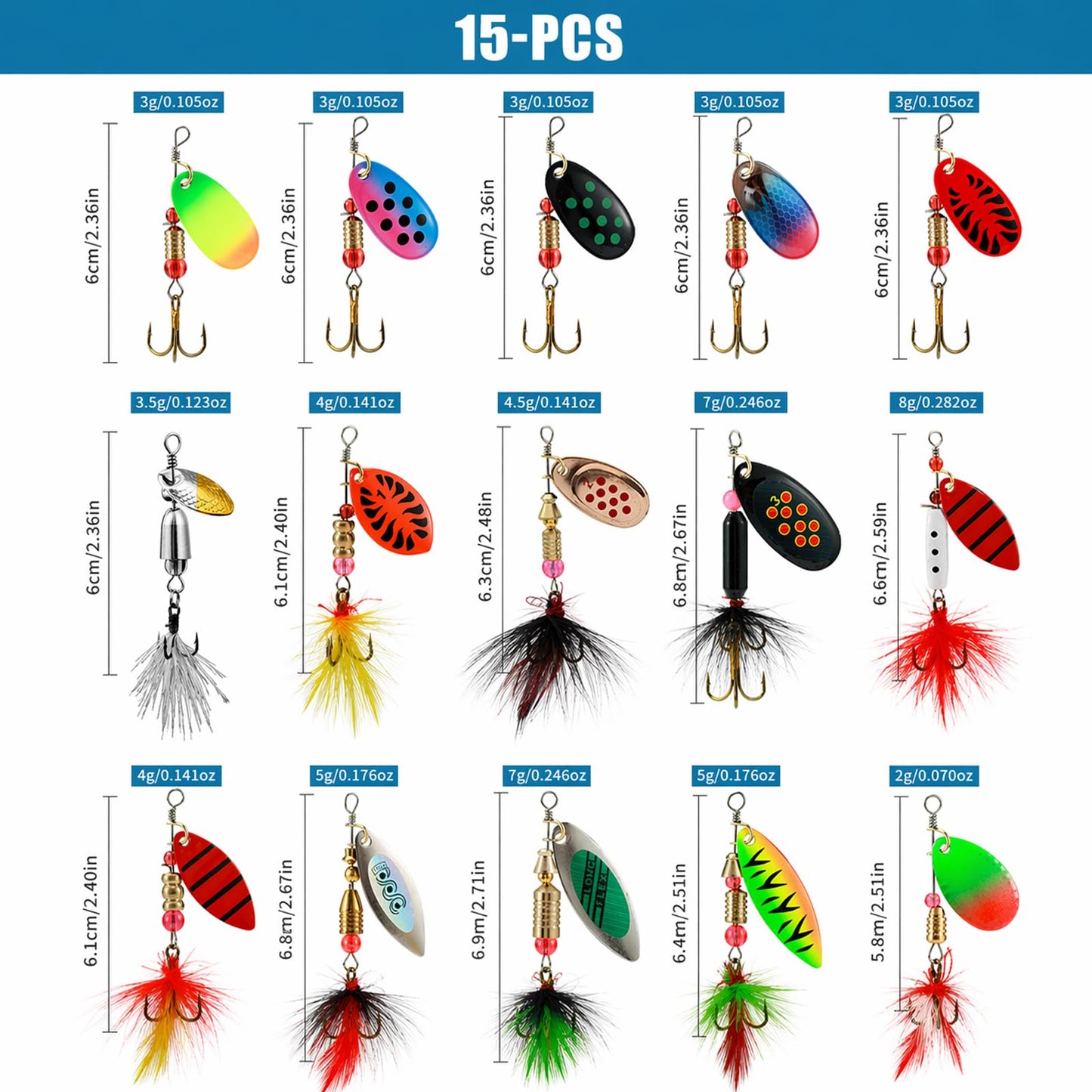 Fishing Spinner Lures Kit 15PCS, Inline Spinner Baits with Treble Hooks and Feather Tails, Rooster Tail Lures, Hard Metal Trout Spinners for Bass Crappie Panfish Freshwater