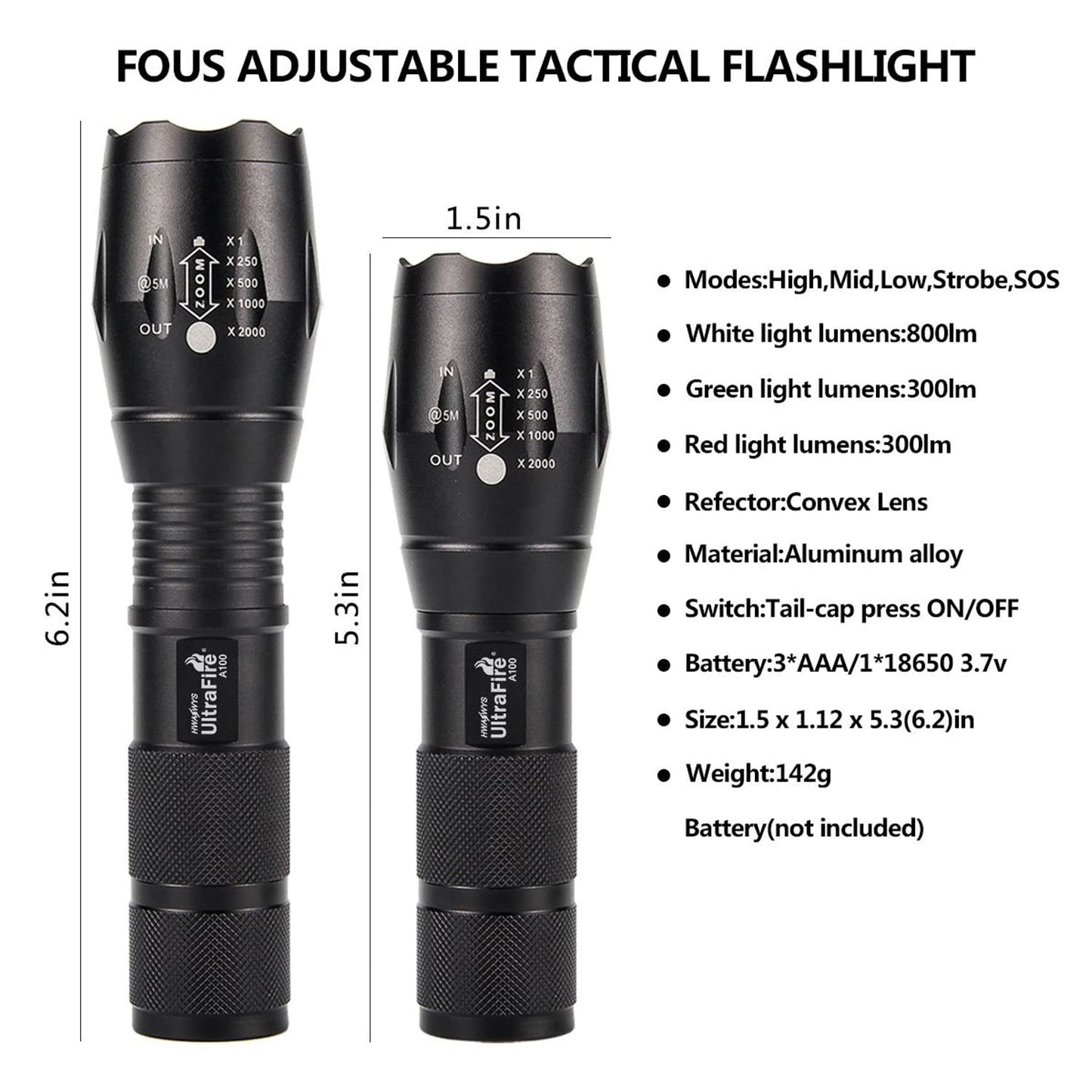 ULTRAFIRE A100 Tactical LED Flashlight Mini,800 Lumen Hunting Handheld Flashlight Focusable 3 Colors Exchange Glass Lens (Generate RED or Green Light)