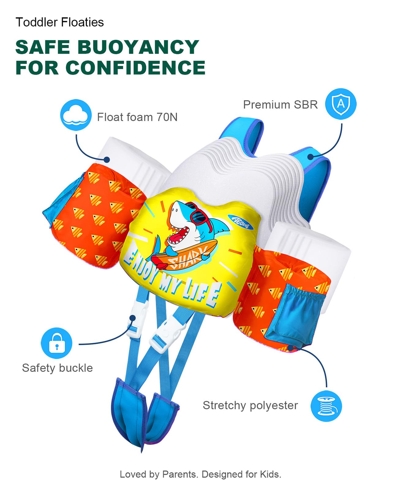 Toddler Swim Vest for 2-7Y, 20-50 lbs, Kids Floaties with Shoulder Harness & Adjustable Crotch Strap & Arm Water Wings for Boys and Girls, Shark