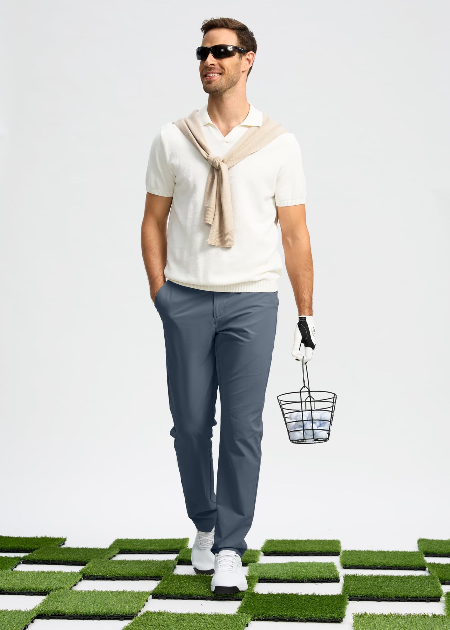 Pudolla Men's Golf Pants Work Dress Comfy Pants Casual Slacks Trousers with Pockets(Grey_Blue 32Wx30L)