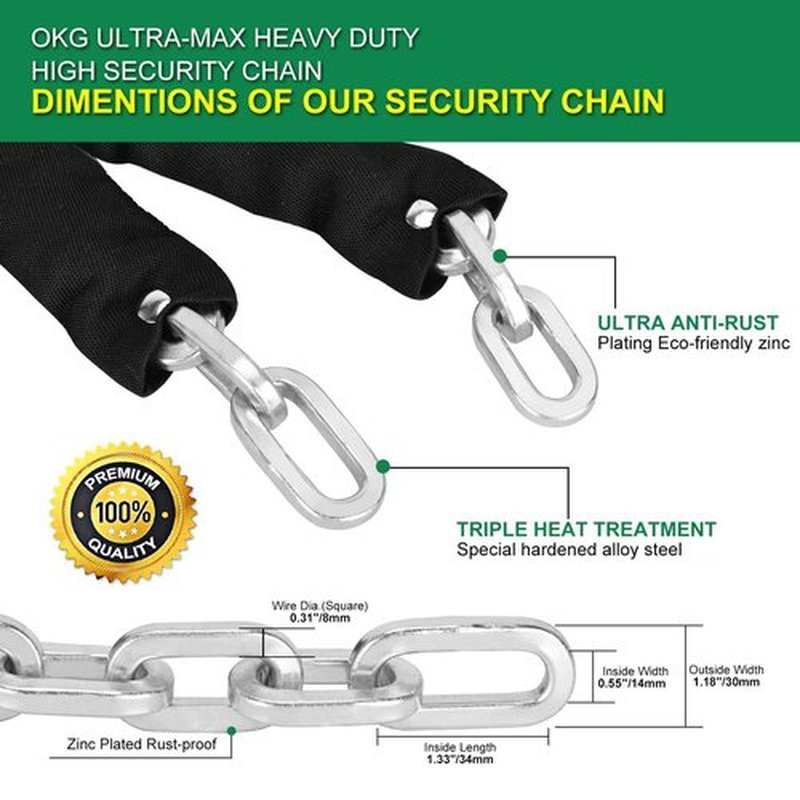 OKG High Security Chain - 10 Foot x 5/16” (8mm) Thick Square Heavy Duty Chain - Cut Proof Chain Hardened Steel Chain for Motorcycles, E-Bikes, Trailers, Generators, Fence Gates, etc. (No Lock), Black