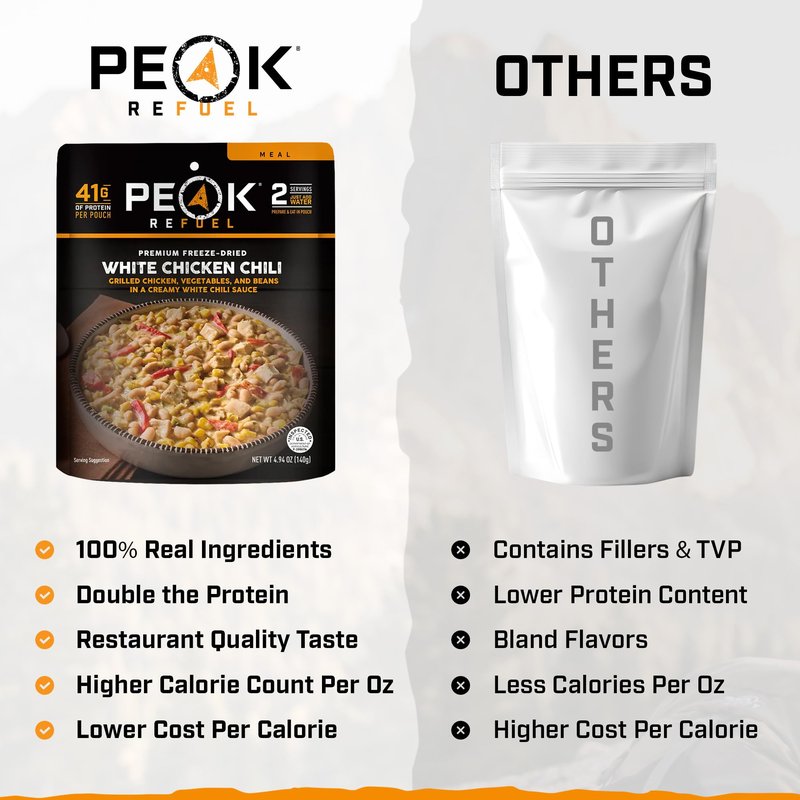 Peak Refuel White Chicken Chili | 41g Protein | 760 Calories | 100% Real Meat | Premium Freeze Dried | Amazing Taste & Quality | Backpacking & Camping & Prepper Food | 2 Servings