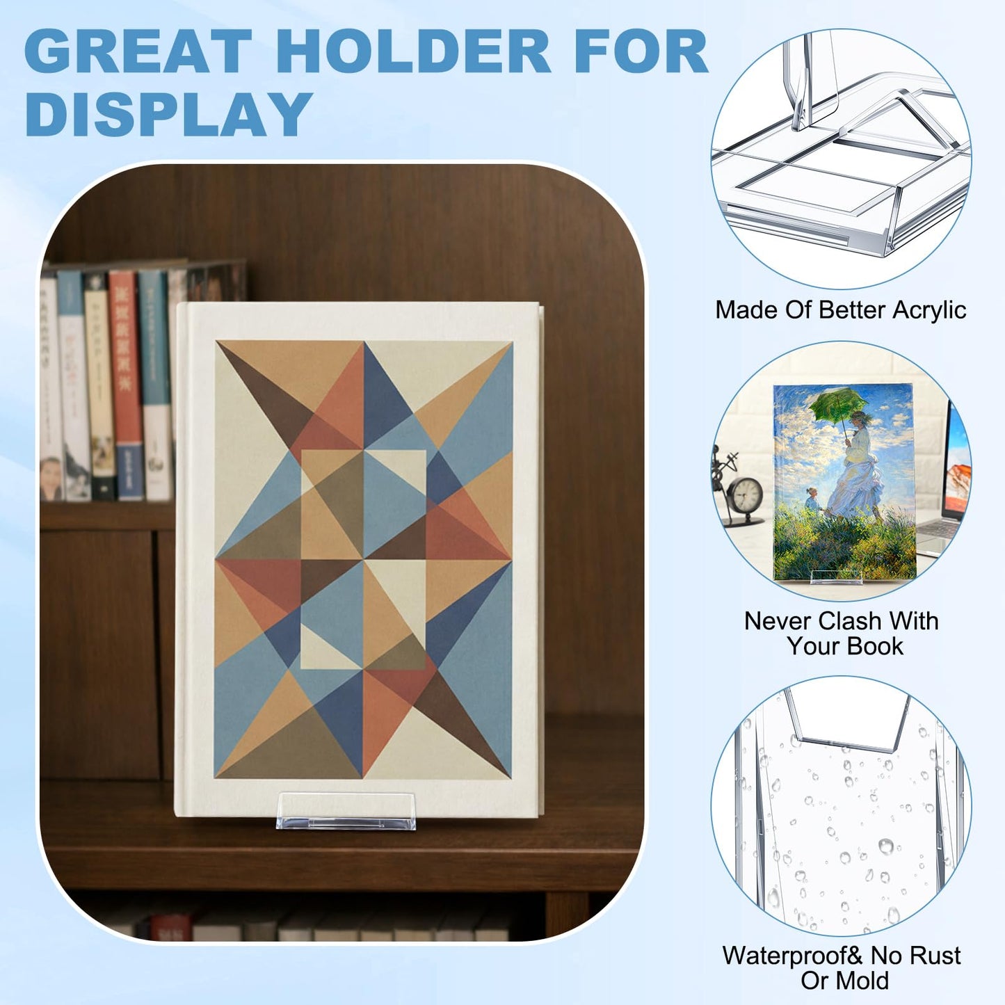 Hushee 15 Pack Acrylic Book Stand for Display Adjustable Clear Book Display Holder Easel Rack Stand for Home Office Back to School Library Bookshelf Comic Album CD Magazine Postcard Artworks