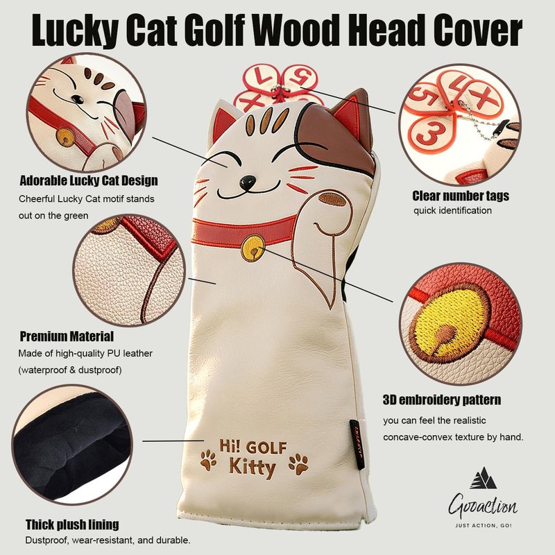 GOOACTION Lucky Cat Golf Club Fairway Wood Head Cover with Creative Cartoon Animal Kitten Pattern Synthetic Leather Golf Clubs Headcover with Number Tag 3.5.7.x