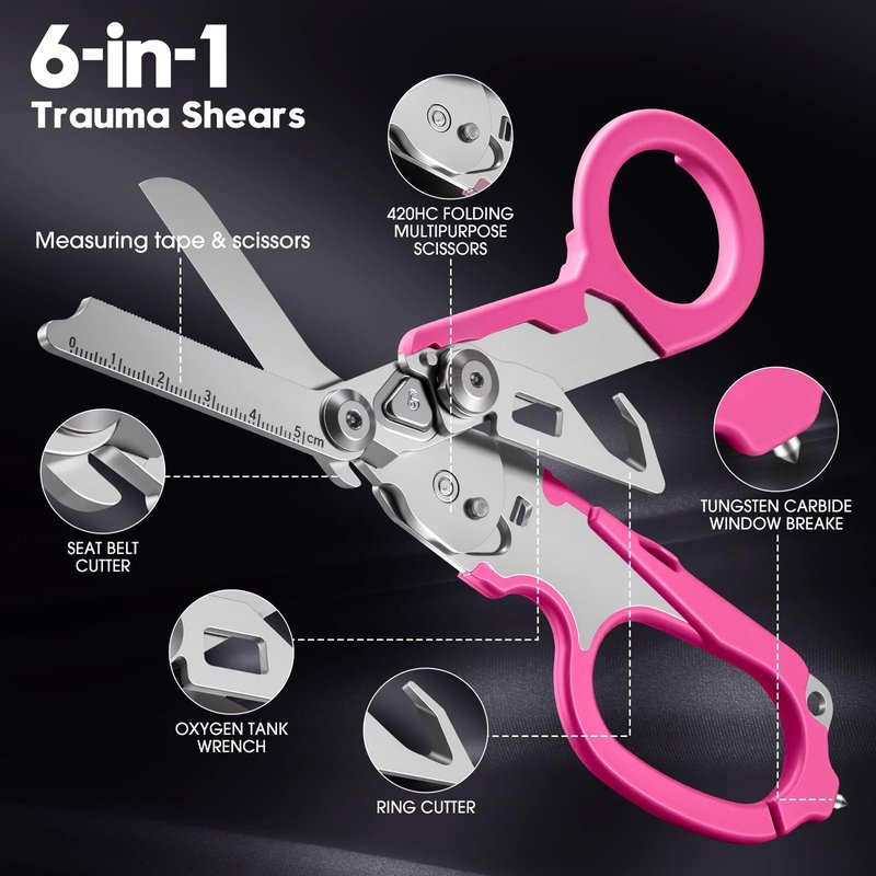 Lemasa-6in1 Multi functional Trauma shears, Foldable trauma shear, Nurse's Multi functional Emergency Scissors, Outdoor Tactical Scissors, Pink Trauma shears, Comes with Adjustable Wrench (Pink)