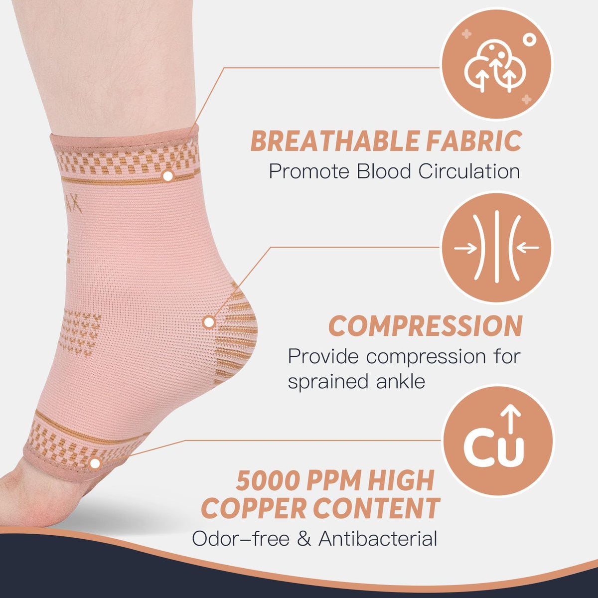 INDEEMAX Copper Ankle Brace for Women Men, Left and Right Foot Compression Support Sleeve Ankle Wrap Socks for Plantar Fasciitis, Sprained, Football, Running (Golden Pink, Medium)
