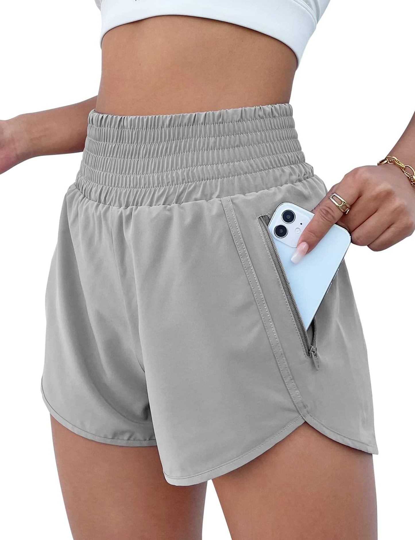 BMJL Women's Athletic Shorts High Waisted Running Short Pocket 2.5" Sporty Shorts Gym Elastic Workout Shorts(L,Grey)