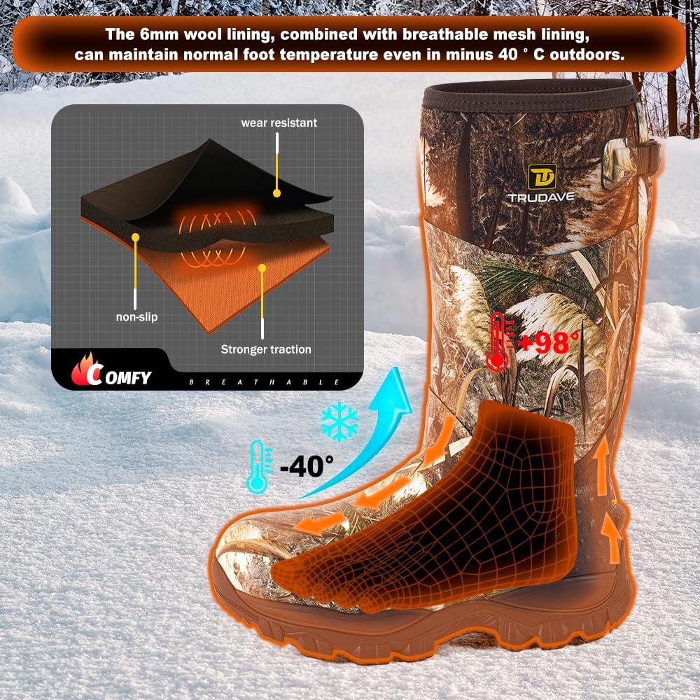 Trudave Hunting Boots for Men - 6mm Neoprene Camo Insulated And Waterproof Rubber Boots with Steel Shank