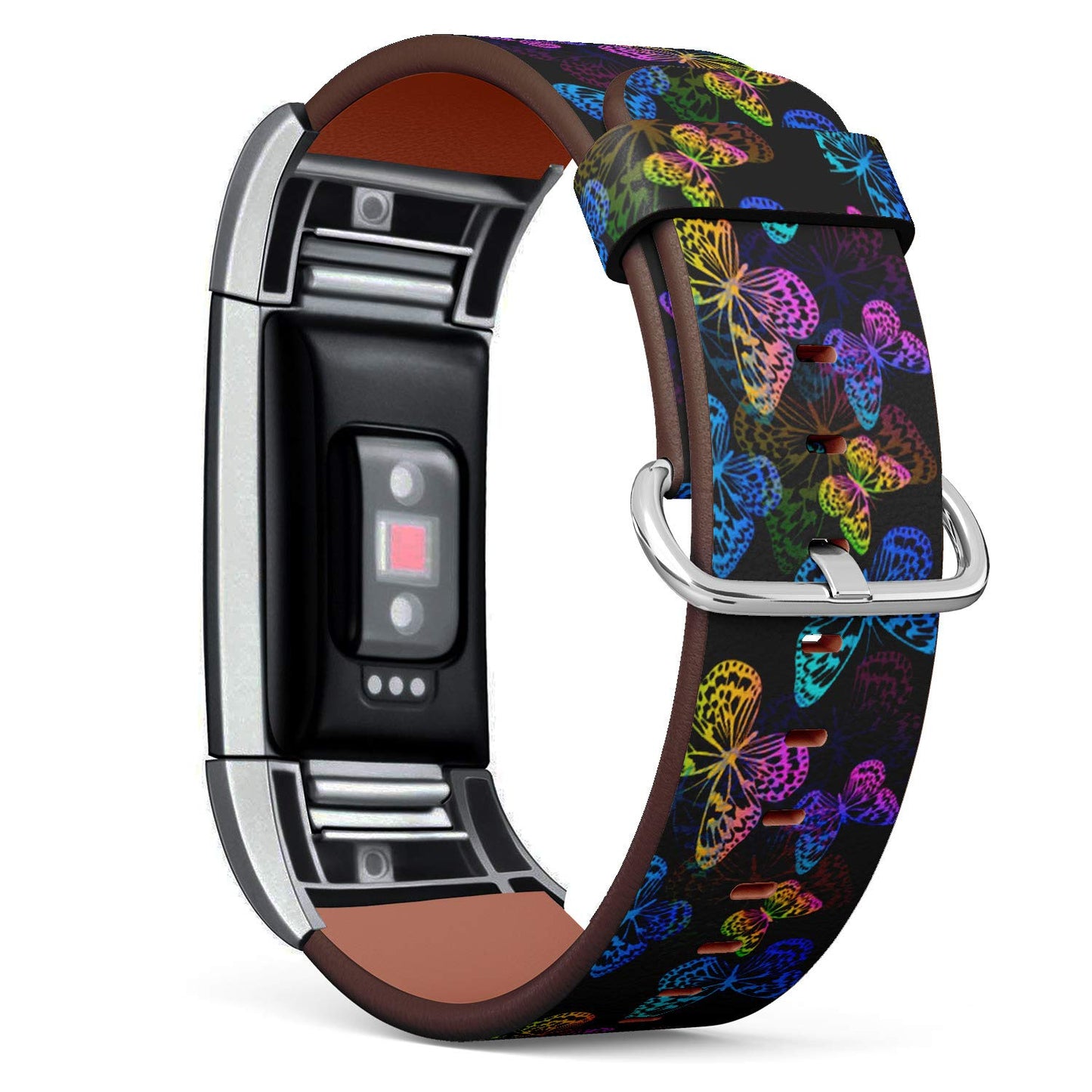 Compatible with Fitbit Charge 2 - Leather Wristband Bracelet Replacement Accessory Band (Includes Adapters) - Flying Multicolored Butterflies On Black