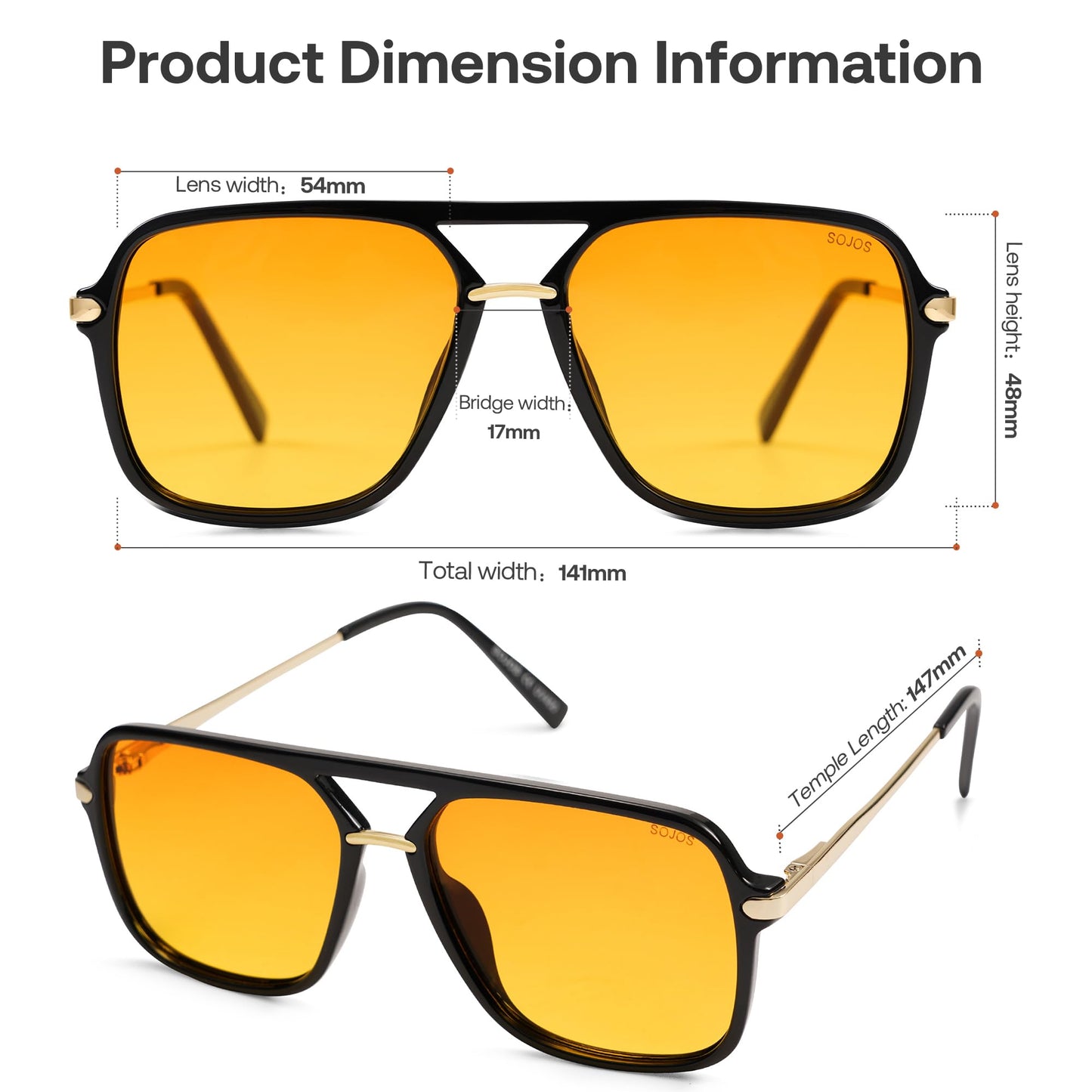 SOJOS Sunglasses for Women & Men, Square, Black Yellow, SJ2229