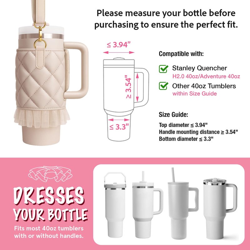 Water Bottle Carrier Bag for Stanley 40 oz Tumbler with Handle, Cute Lace Ruffle Style, Quilted Crossbody Bags with Strap for Teen Girl Gifts Trendy Stuff, Fits Stanley Cup Accessories