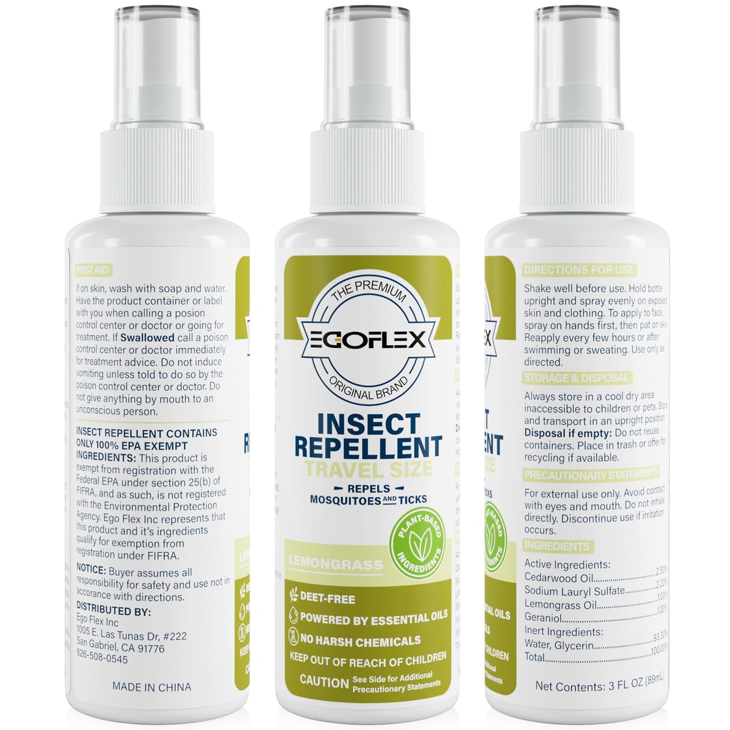3-Pack Mosquito Repellent Spray - DEET-Free Bug Spray Travel Size TSA Approved - Mosquito, Tick & Insect Killer Deterrent with Natural Essential Oils - Lemongrass Scent - Safe for Family - 3 Fl Oz