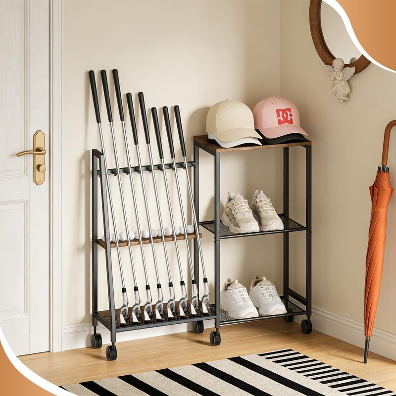 DEMEGA Golf Club Rack with Wheels, 2-in-1 Golf Organizer & Storage for Golf Clubs, Balls, Shoes, Hats, Sturdy Walnut Wood & Matte Black Iron Modern Golf Stand for Home Garage Office