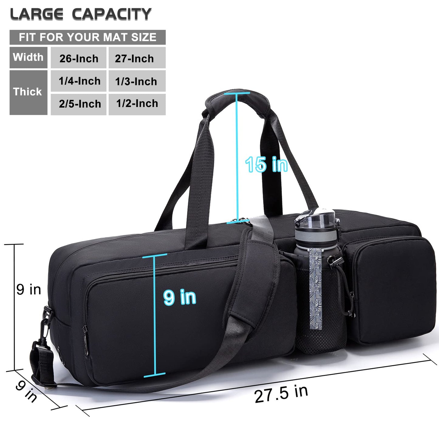 Yoga Mat Bag, HAGUSU Waterproof Large Yoga Bags and Carriers Tote Bag for Women Men, Gym Tote Sports Duffle Bag Carry Bag with Wet Pocket & Shoulder Strap for Yoga Pilates Workout Dancing (Dark Black)