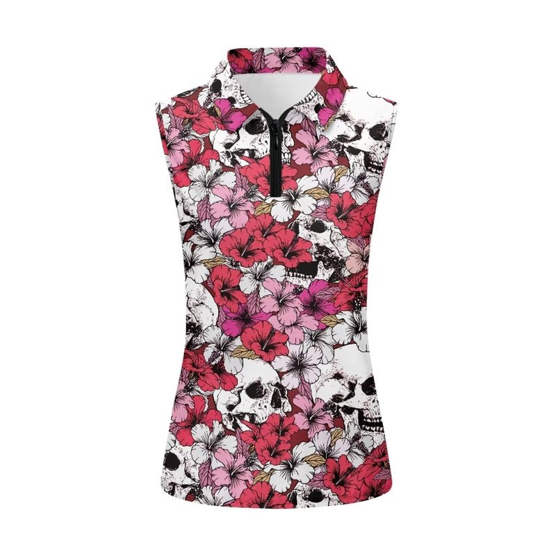 TOADDITDO Skull Golf Shirts for Women 1/4 Zip Sleeveless Sports T-Shirt Floral Quick Dry Tennis Tank Tops Summer Activewear with Collar