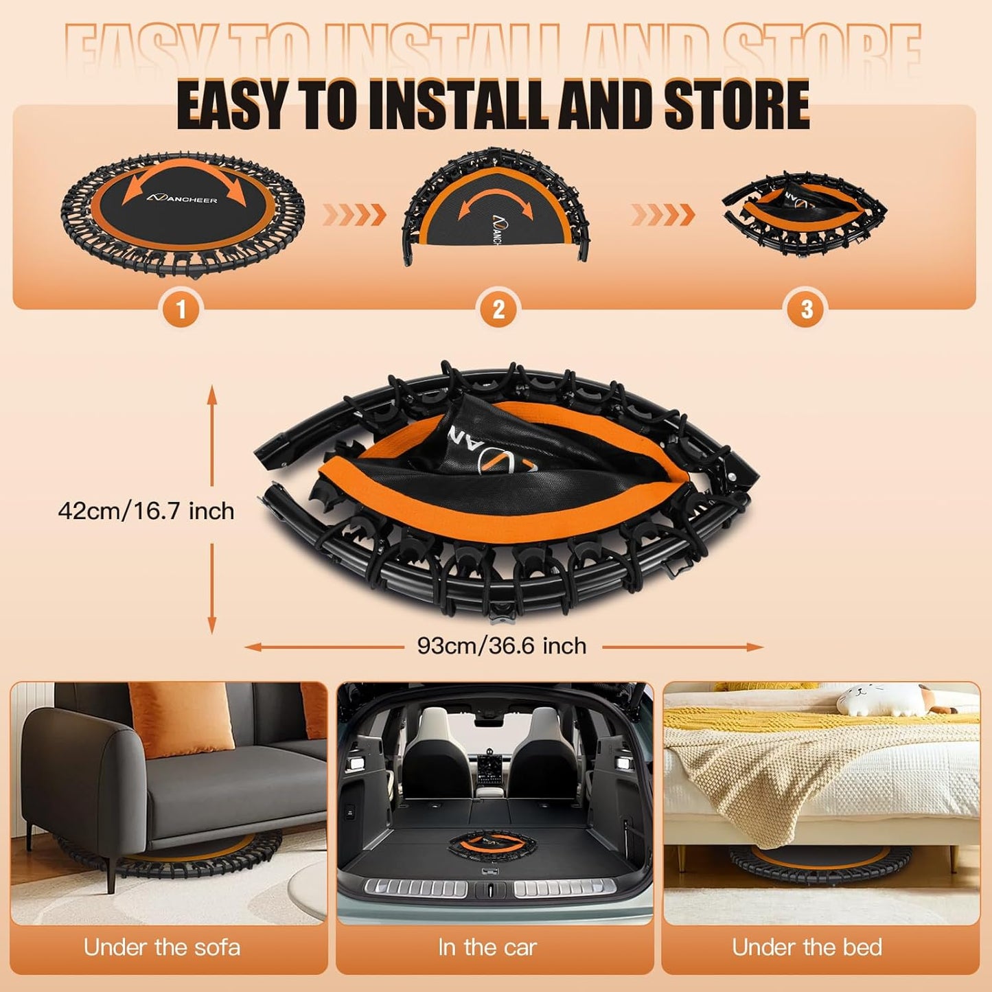 ANCIHER Foldable Mini Trampoline - 40"/48" Indoor Exercise with Adjustable Handle & Resistance Bands | Max Load 450lbs/550lbs