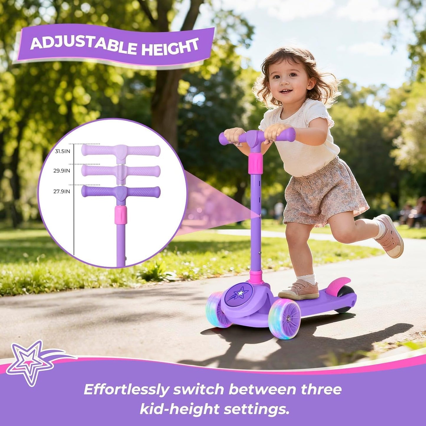 Kids Scooter for Girls & Boys - Light Up Wheels, Adjustable Height, Lean-to-Steer | Ages 3-8, Supports Up to 110 LBS