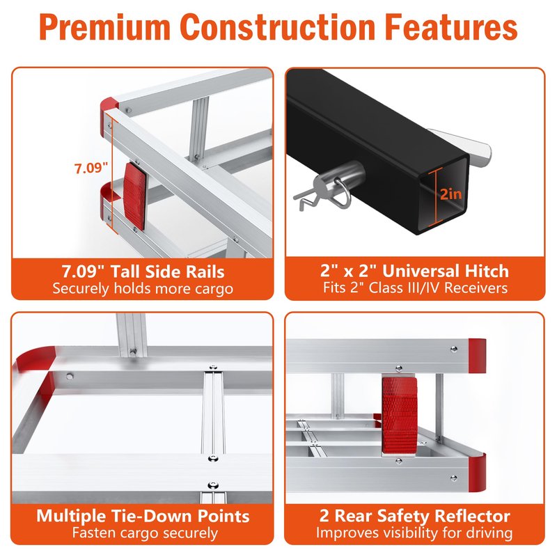 Aluminum Hitch Cargo Carrier, 49.21" x 22.36" x 7.09" Trailer Hitch Cargo Carrier Hitchs Mount Cargos Hitchs Carriers Basket, 500lbs Capacity, Fit 2" Receiver for Suvs Trucks Vans Pickups Camping