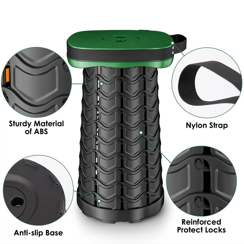aboutool Folding Camping Stool, Square Collapsible Portable Stool with Elastic Seat Cushion& Adjustable Nylon Bag, Sturdy Lightweight Telescoping Foldable,Max Load 485lb (Green)