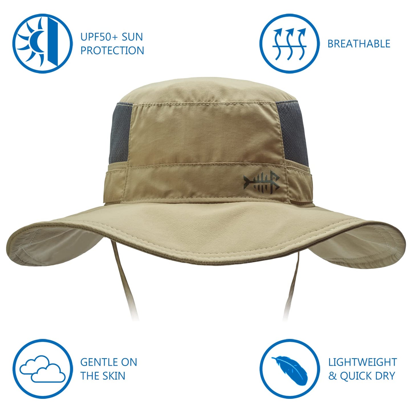 BASSDASH UPF 50+ Sun Fishing Hat Water Resistant with Detachable Neck Flap Dark Khaki