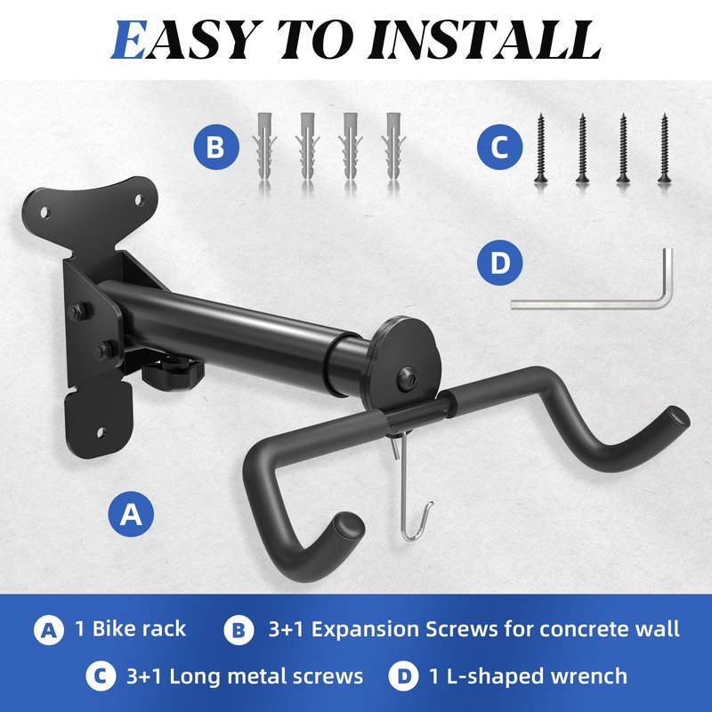 Goovilla Bike Wall Mount Hanger Adjustable - Space Saving Horizontal Bicycle Rack for Mountain/Road/Hybrid Bikes | Secure Home Garage Storage with Easy Installation | 1-Pack Cycling Holder Hook,Black
