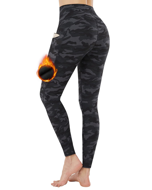 PHISOCKAT Women's Fleece Lined Winter Leggings High Waisted Thermal Warm Yoga Pants with Pockets (Black Camo(Fleece Lined), X-Small)