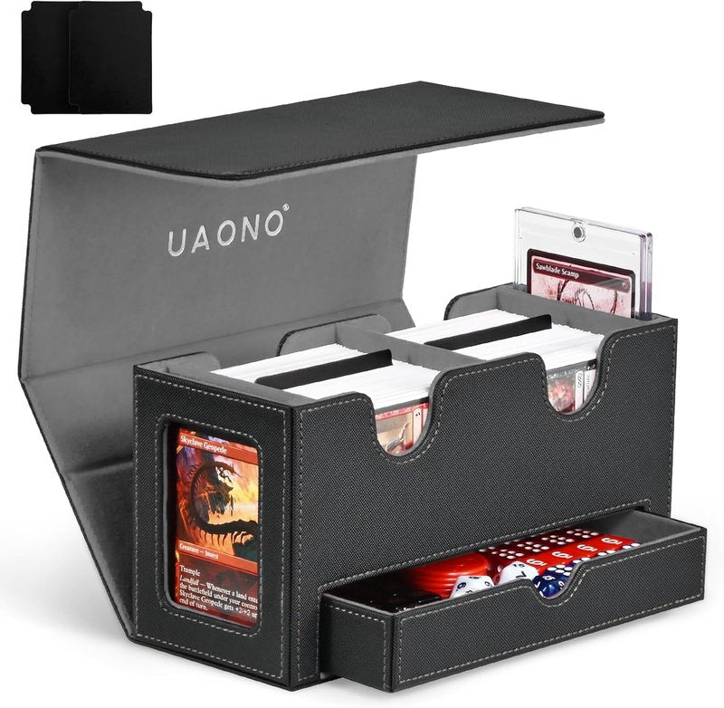 Card Deck Box for MTG - Double Storage Organizer with 2 Commander Displays & 1 Dice Tray | Fits 200+ Double Sleeved Cards (Black Gray)
