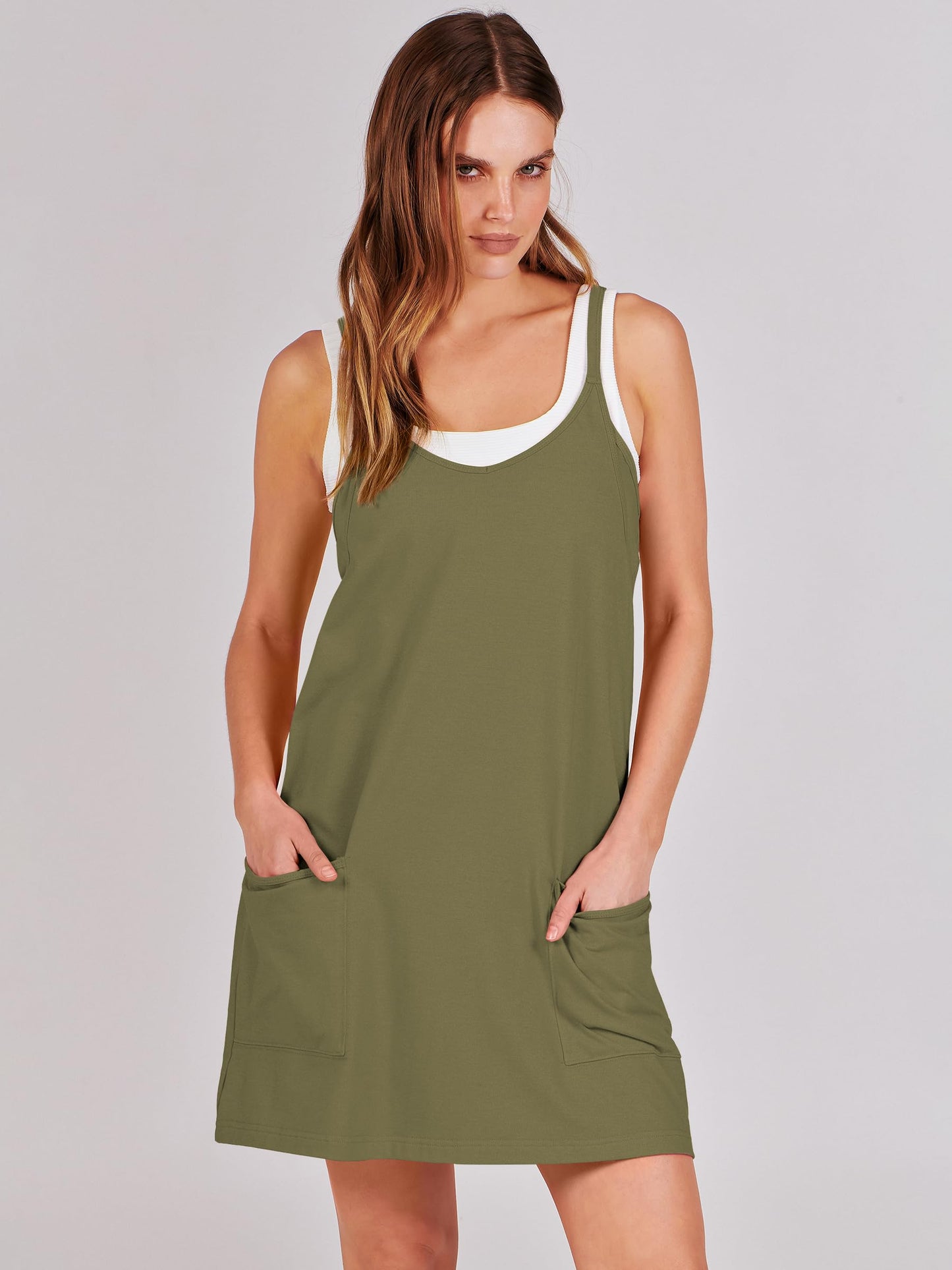ANRABESS Women Athletic Dress Summer Tennis Workout Active Sports Mini Romper Dress Built in Shorts Travel Vacation Clothes Army Green X-Large