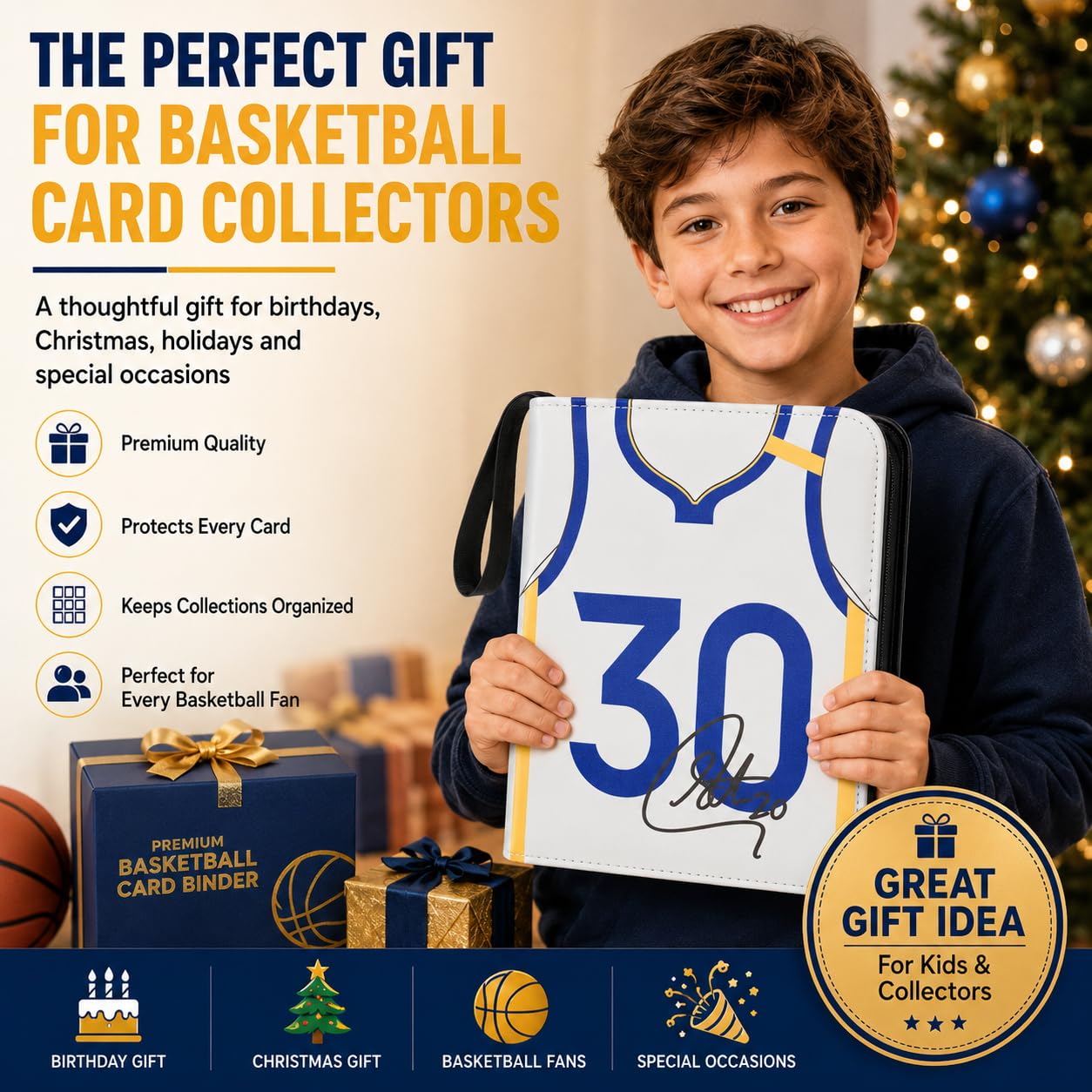 HBK Basketball Card Binder 900 Pockets, PU Leather Collectible Trading Card Albums with 50 Removable Sleeves, 3- Ring Basketball Cards Organizer for Kids & Collector (CR30)