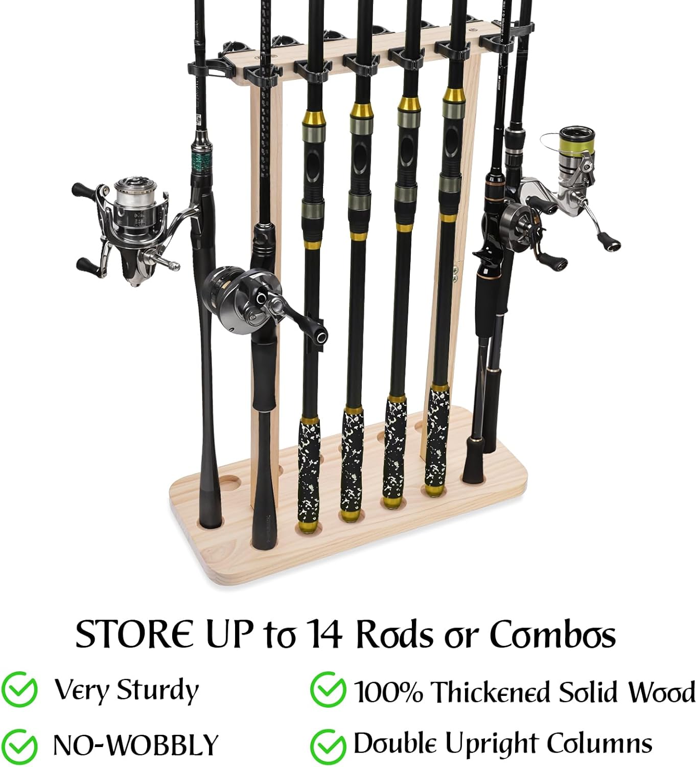 Fishing Rod Storage Rack - 100% Wood Floor Stand for 14 Rods | Garage Organization Solution