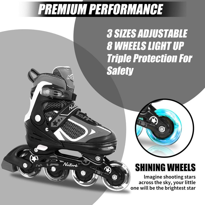 MonSports Adjustable Inline Skates for Kids,Black Blade Roller Skates with Light-up Wheels for Beginner Boys,Girls and Youth Size S(US10-13c)