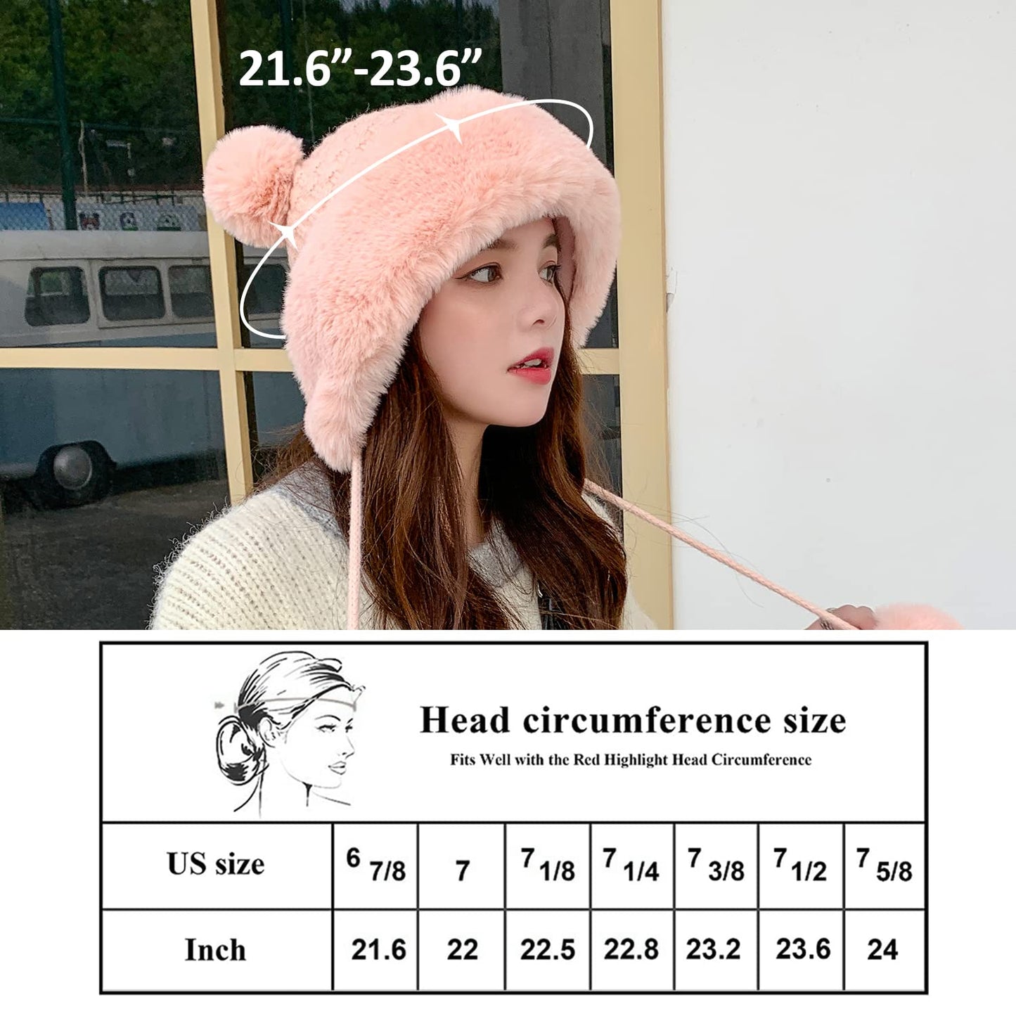 Peicees Winter Beanie Hats for Women Warm Knit Skull Cap Fur Hat with Pompom Russian Ushanka Trapper Hat Ear Cover Pink