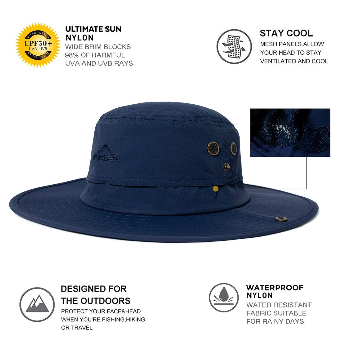 Comhats UPF 50 Sun Hats Wide Brim Summer Safari Hat Fishing Hiking Boonie Hats for Men Chin Strap Waterproof Navy Medium Large